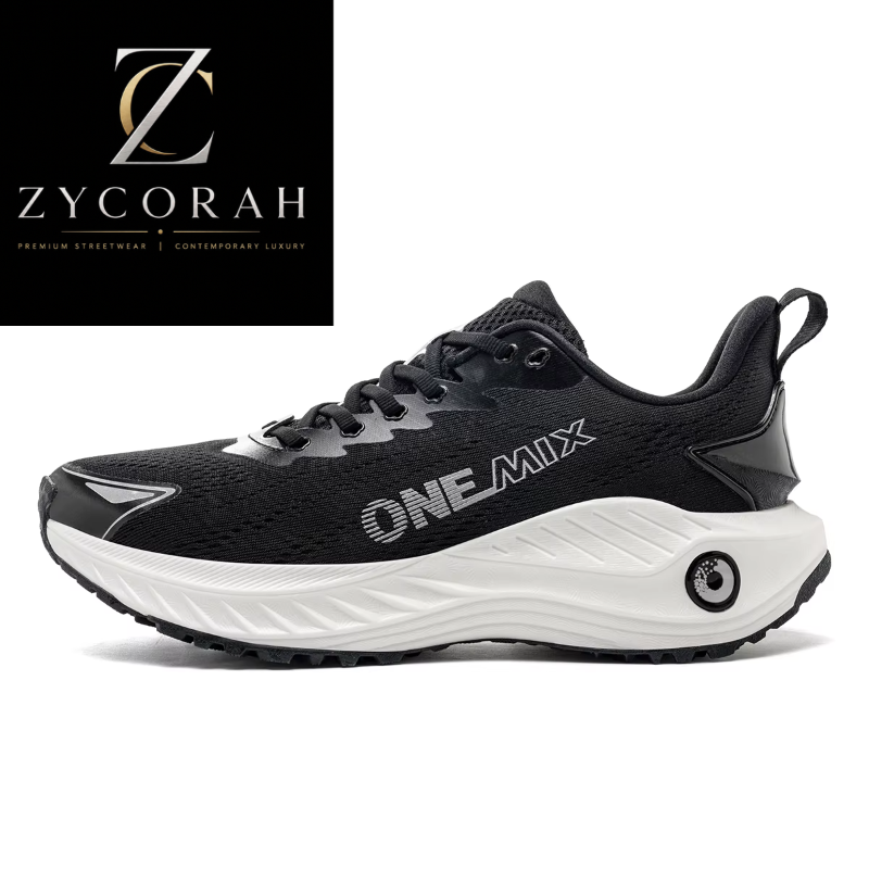 A black and white athletic sneaker shown in a side profile on a white background, with a black brand logo block in the top-left corner reading ZYCORAH.