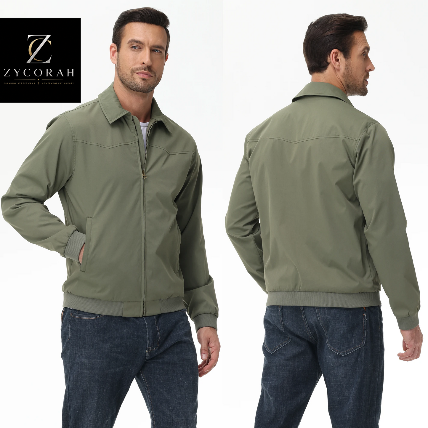 A man modeling an olive green zip-front jacket, shown from both front and back views against a white background, with the Zycorah logo in the top left corner.