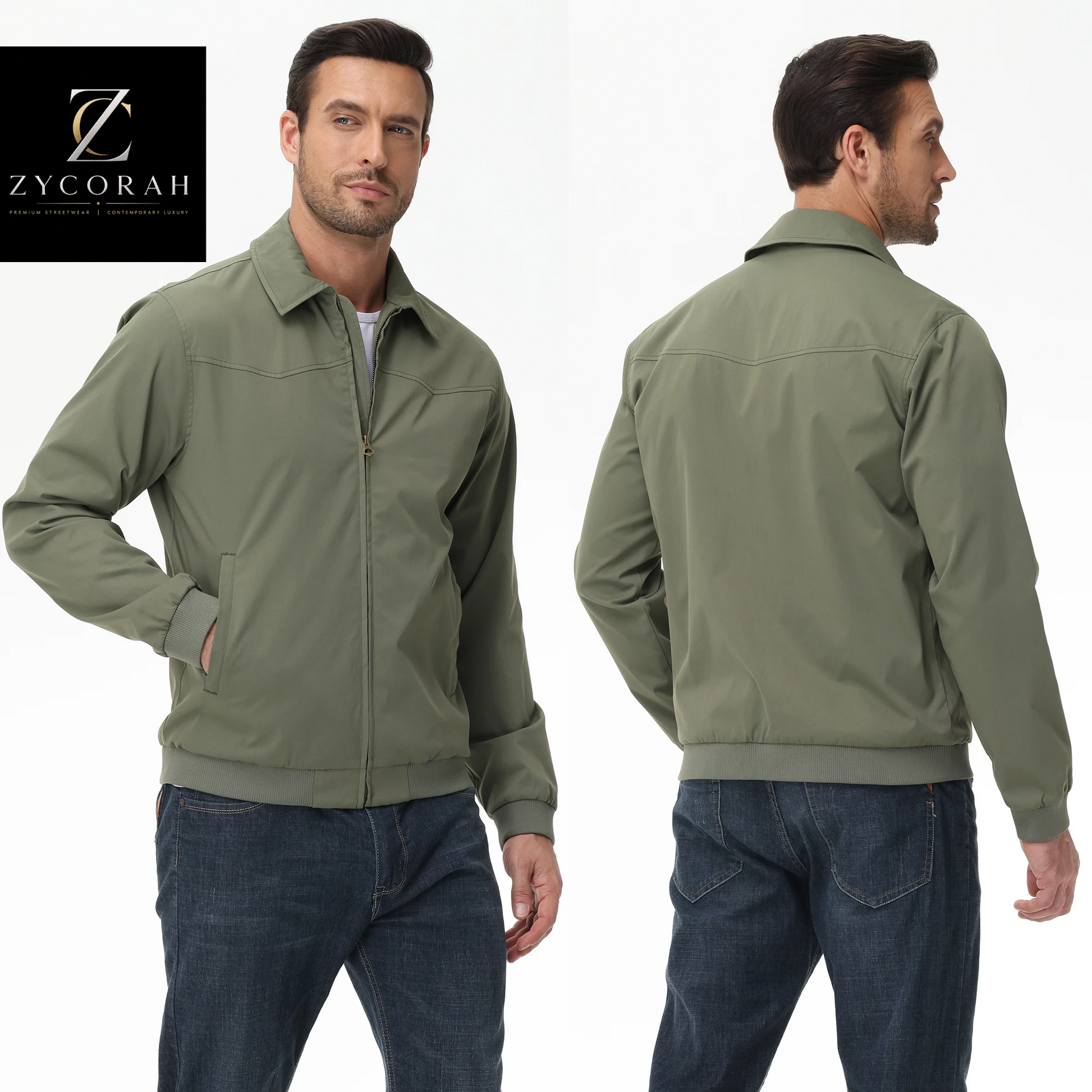 A man modeling an olive green zip-front jacket, shown from both front and back views against a white background, with the Zycorah logo in the top left corner.