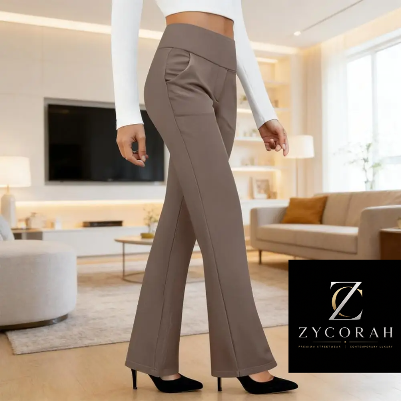 A model wearing Zycorah taupe brown wide-leg pants, paired with a white long-sleeve crop top and black heels, standing in a modern living room setting.