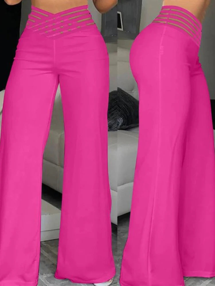 women’s high-waisted wide-leg flared pants with sheer mesh patchwork and crisscross waist detail pink 2