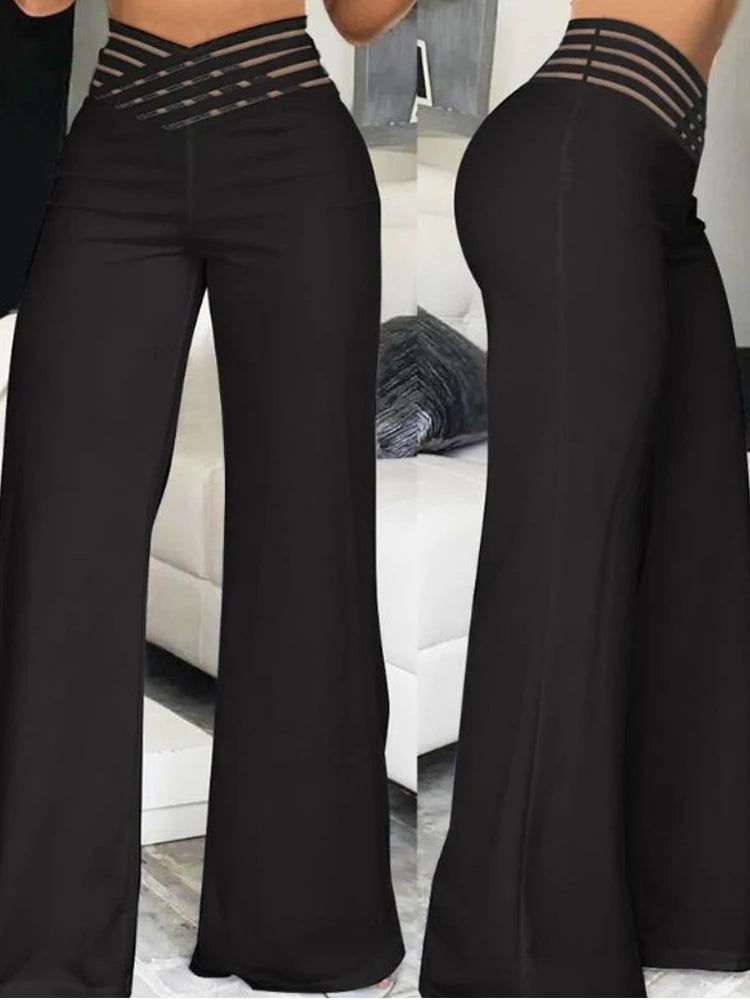 women’s high-waisted wide-leg flared pants with sheer mesh patchwork and crisscross waist detail black
