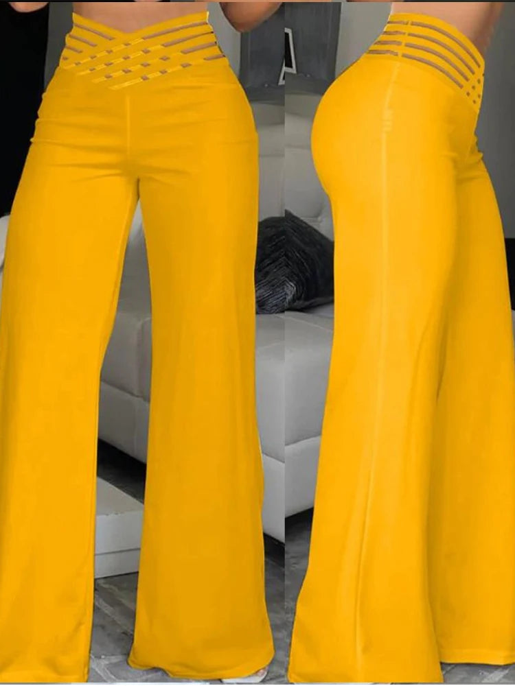 women’s high-waisted wide-leg flared pants with sheer mesh patchwork and crisscross waist detail yellow