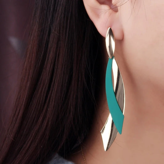 European Statement Geometric Leaf Drop Earrings  -  green