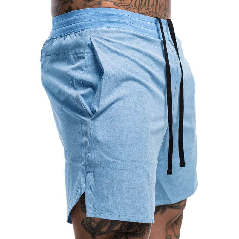 Light blue shorts with a black stripe on a white background