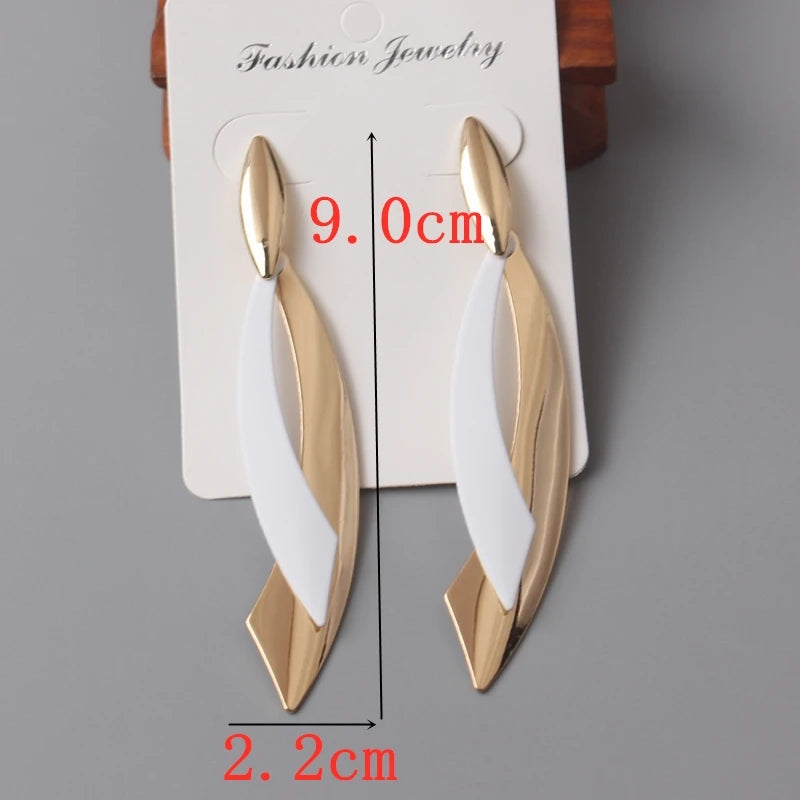 European Statement Geometric Leaf Drop Earrings  - white2