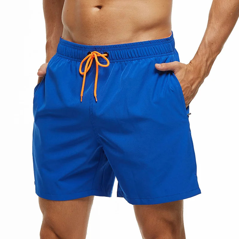 Escatch men’s quick dry swim trunks with zipper pockets and mesh lining in stylish beachwear design blue orange 