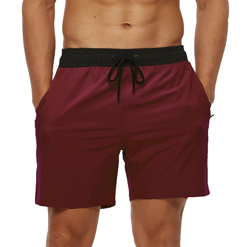 Escatch men’s quick dry swim trunks with zipper pockets and mesh lining in stylish beachwear design red black