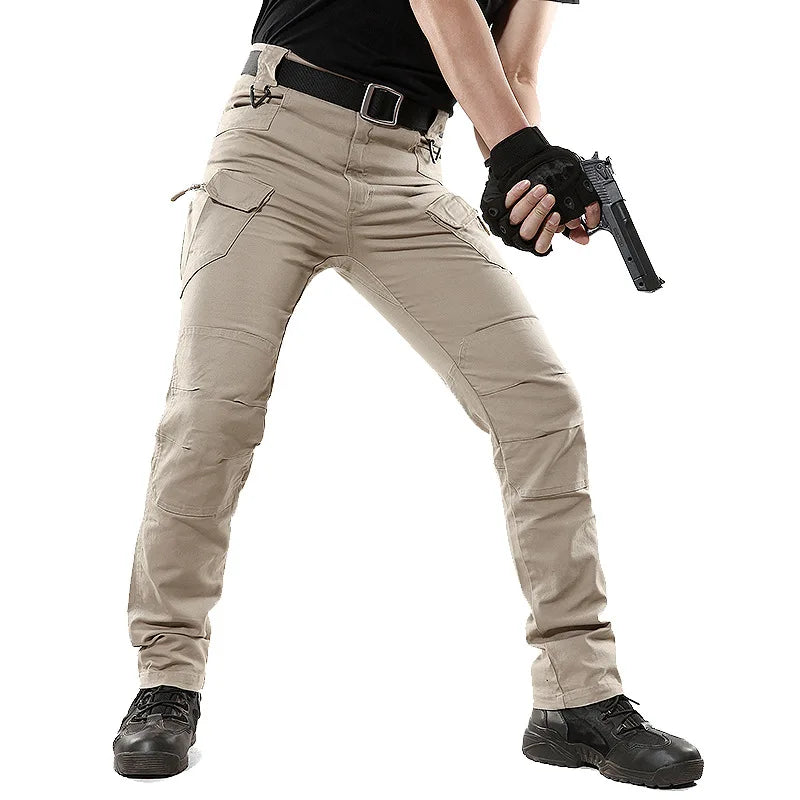 A pair of men's military tactical cargo pants in brown color, featuring multiple pockets and designed for full length.