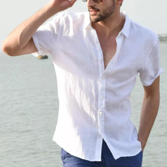 Men’s casual short sleeve cotton linen shirt with lapel collar and buttons, solid color, vintage vacation style, available in sizes M to 3XL -  white