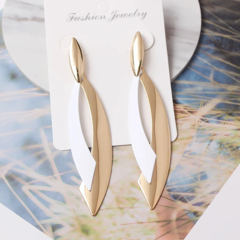European Statement Geometric Leaf Drop Earrings  - white