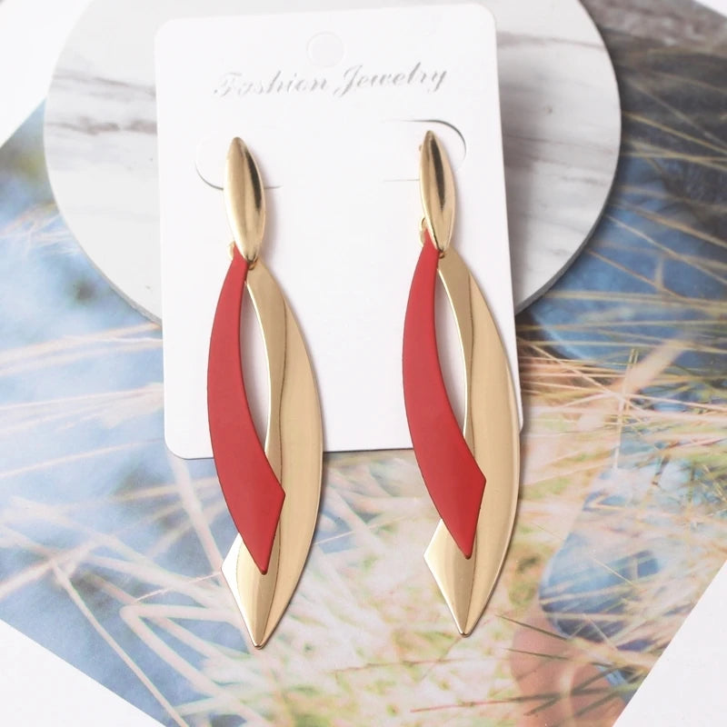 European Statement Geometric Leaf Drop Earrings  - red 03