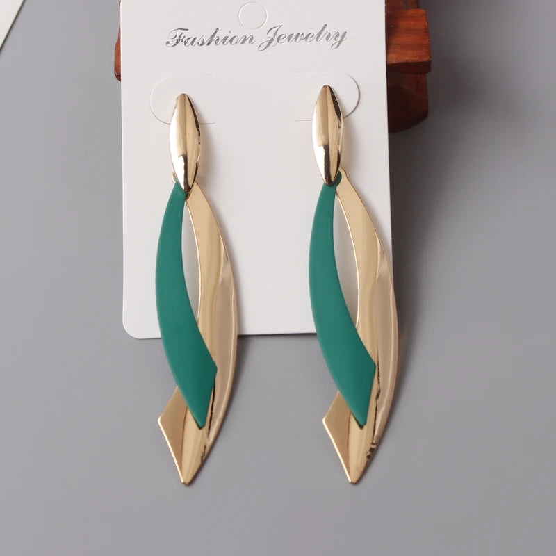 European Statement Geometric Leaf Drop Earrings  - green 2