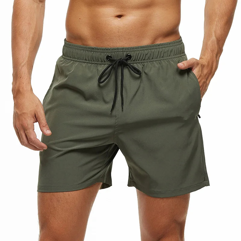 Escatch men’s quick dry swim trunks with zipper pockets and mesh lining in stylish beachwear design dark green