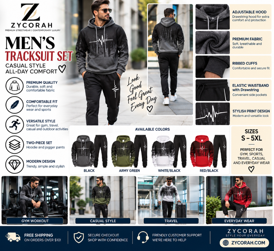 A promotional collage for the ZYCORAH Men's Tracksuit Set, featuring multiple models wearing the black hoodie and jogger pants set in different lifestyle scenarios, along with detailed feature callouts, color options, and sizing information.