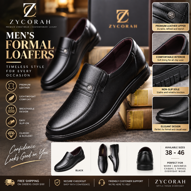 A promotional graphic for Zycorah men's formal loafers, featuring a pair of black leather slip-on dress shoes on a dark wood surface with stacked books. The layout includes feature callouts, close-up inset images of materials, available sizes, and multiple views of the shoes.