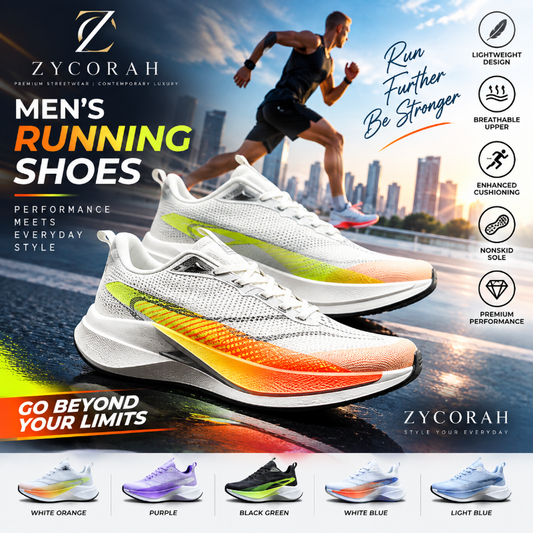 Zycorah men's running shoes featured in a promotional graphic with a running man in the background, product close-ups, feature icons, and a row of color options along the bottom.