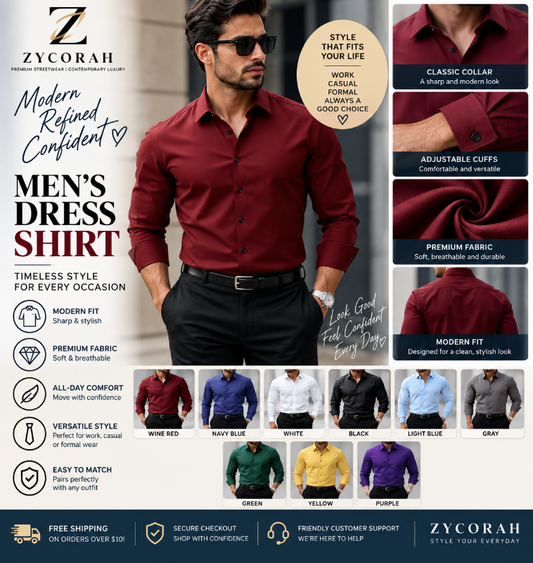A promotional infographic for a ZYCORAH men's dress shirt, featuring a male model wearing a dark red button-down shirt. The layout includes text highlighting key features like 'Modern Refined Confident' and 'Men's Dress Shirt', circular inset photos showing fabric details, and a row of color options at the bottom.