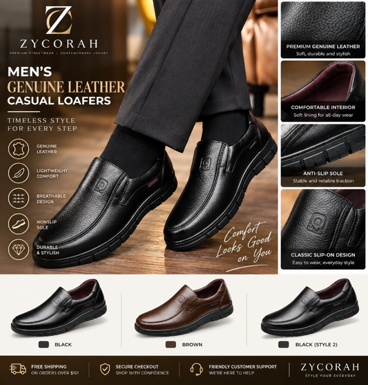 Zycorah men's genuine leather casual loafers shown on a model's foot, with close-up feature panels on the right and color/style options along the bottom. The main product is a black slip-on loafer with a low-cut vamp and textured leather upper.