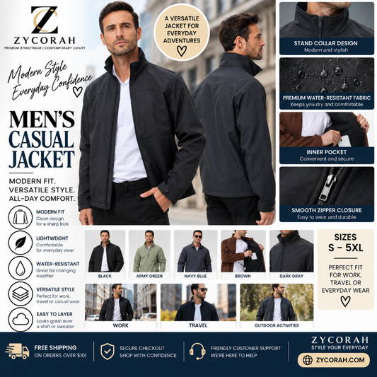 A man modeling a dark gray softshell jacket in two views (front and back) against a white background, with a ZYCORAH brand logo overlay in the top center.