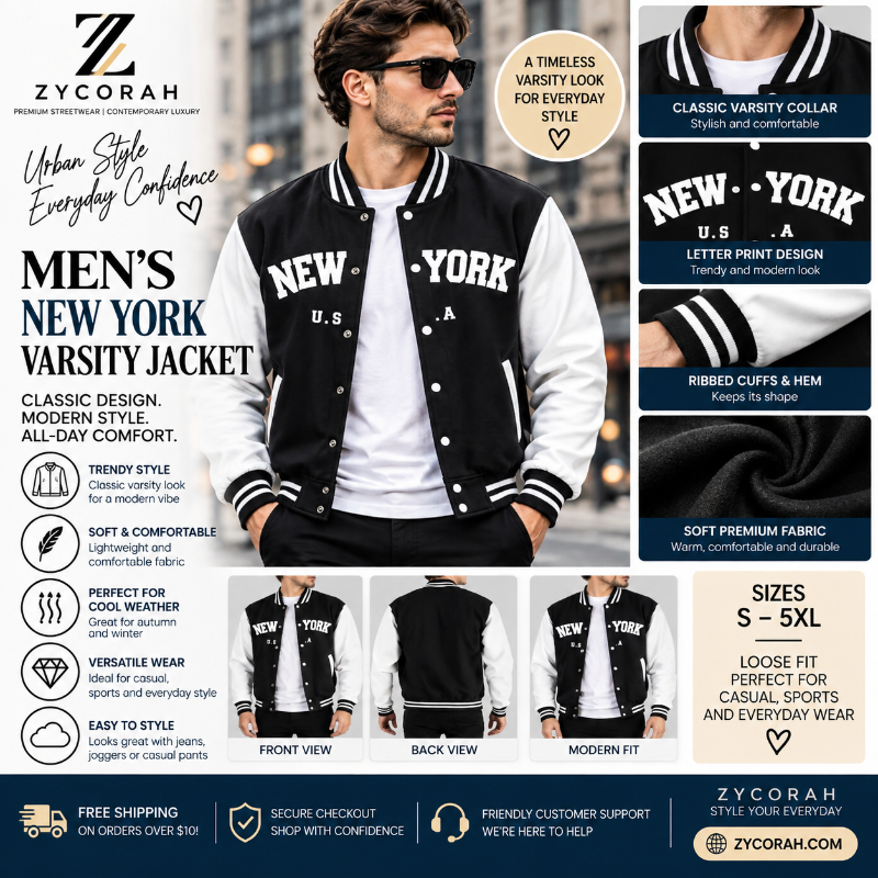 Men's New York varsity baseball jacket with letter print, ribbed collar, and relaxed fit for casual streetwear, available in multiple colors. 