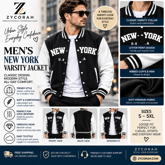 Men's New York varsity baseball jacket with letter print, ribbed collar, and relaxed fit for casual streetwear, available in multiple colors. 