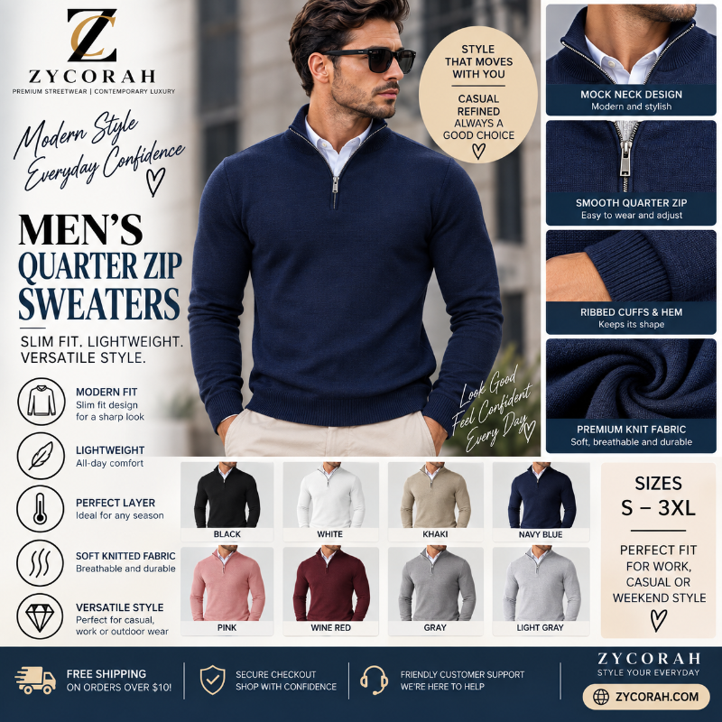 Men's Quarter-Zip Knit Sweater | Lightweight Mock Neck Casual Pullover