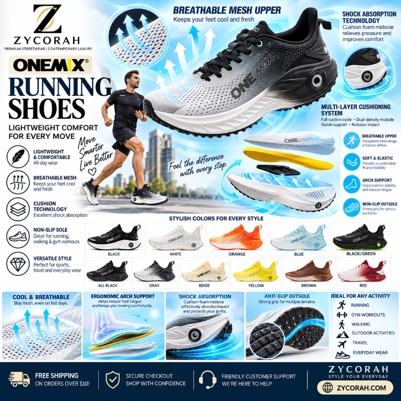 A promotional infographic for ZYCORAH OnemX Running Shoes, featuring a large black and white shoe at the top, a running athlete in the center, and multiple colored shoe color options displayed along the bottom. The graphic includes feature callouts, icons, and branding.