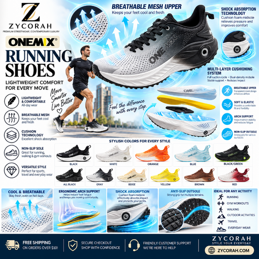 A promotional infographic for ZYCORAH OnemX Running Shoes, featuring a large black and white shoe at the top, a running athlete in the center, and multiple colored shoe color options displayed along the bottom. The graphic includes feature callouts, icons, and branding.