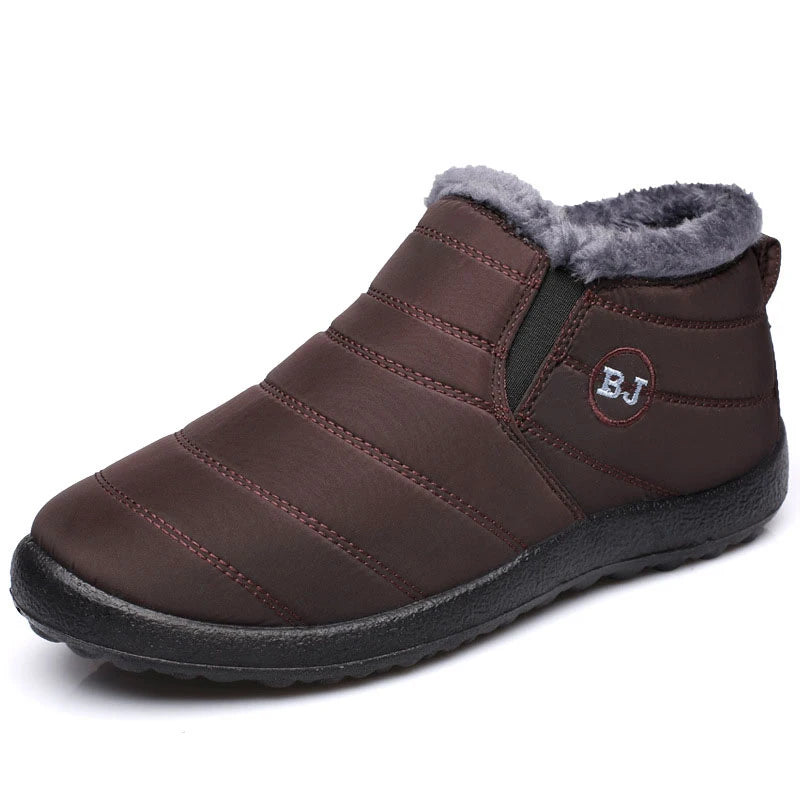 Brown winter boot with gray fur lining on a white background