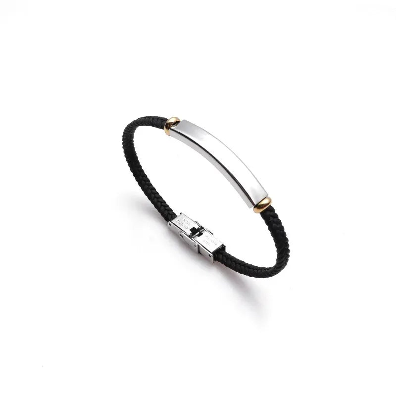 Personalized thin leather ID bracelet with custom name plate for men and women – stainless steel, punk-style accessory. silver color 2