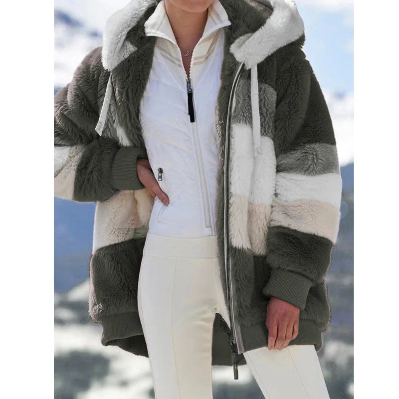Faith Winter Fashion Women's Hooded Thick Cashmere Coat with Plaid Stitching- army green