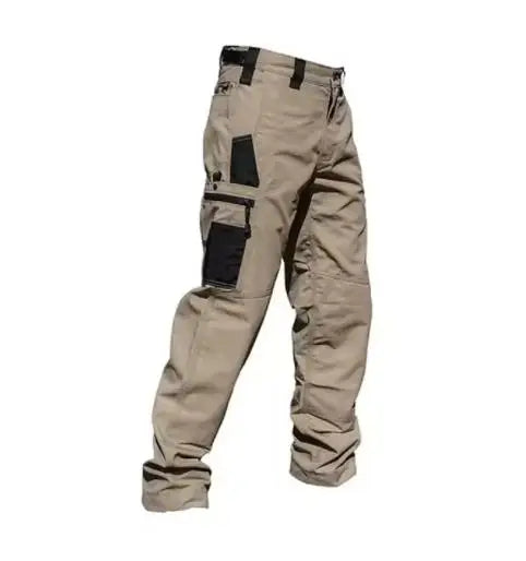 Beige work pants with black accents on a white background