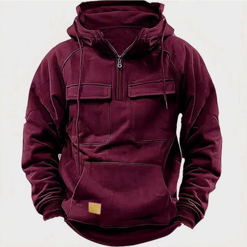 Maroon hoodie with a brand logo on a white background
