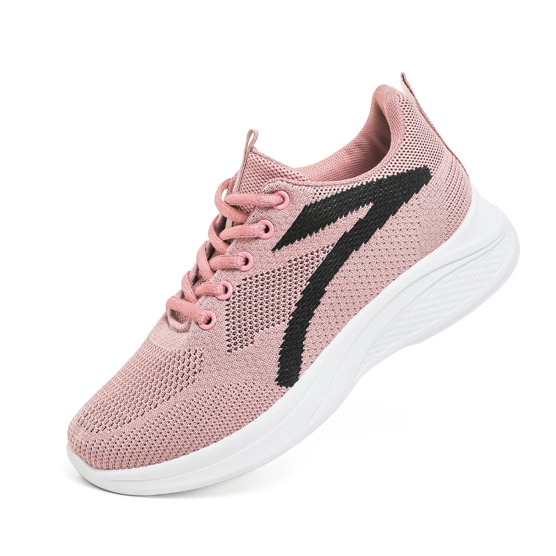 Pink athletic shoe with a black logo on a white background