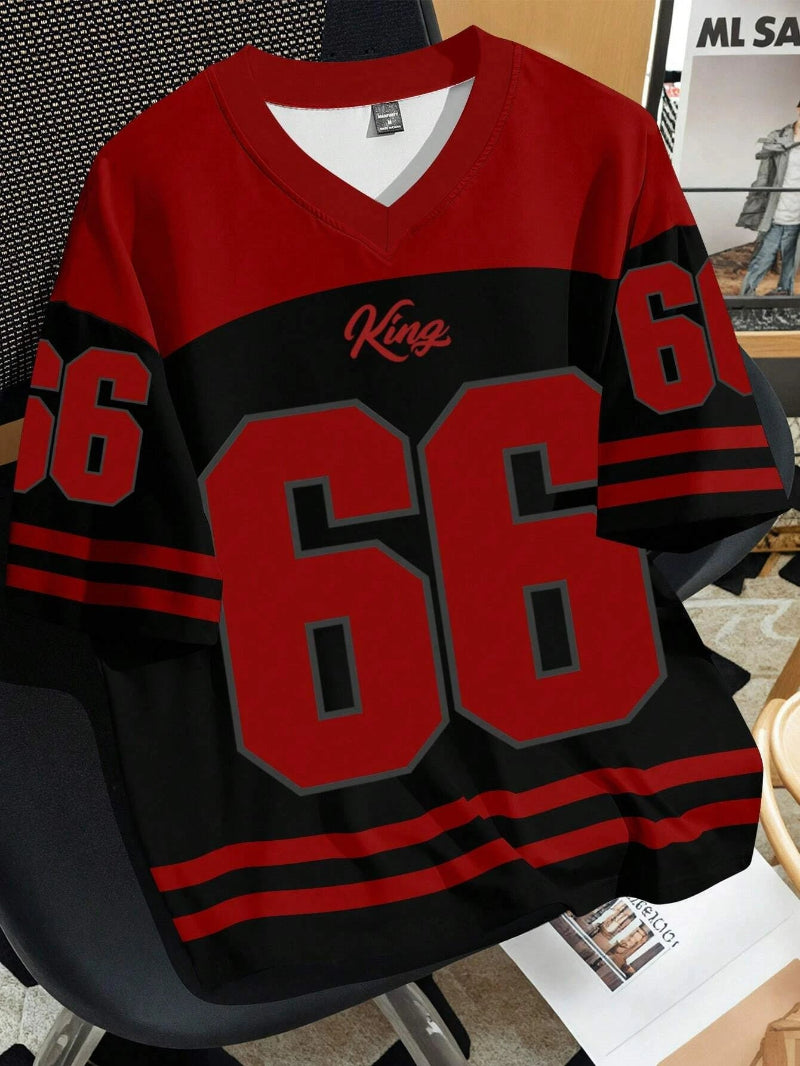 Women Clothing No.66 V-neck Football Jersey  -red black