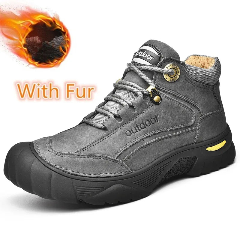 Gray hiking boot with fur lining, featuring a fiery graphic and text 'With Fur'.