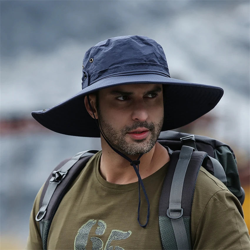 Summer large sun hat for men and women with breathable mesh and UV protection -dark blue