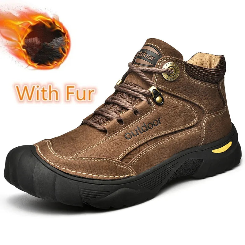 Brown winter boot with fur lining on a white background