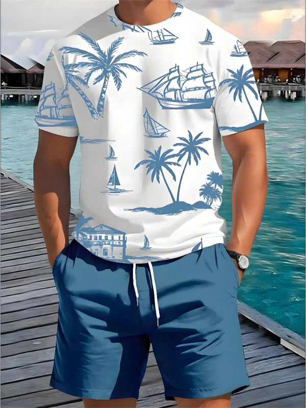 Men's Coconut Grove print casual two-piece set with short sleeve shirt and drawstring shorts summer vacation outfit Lblue