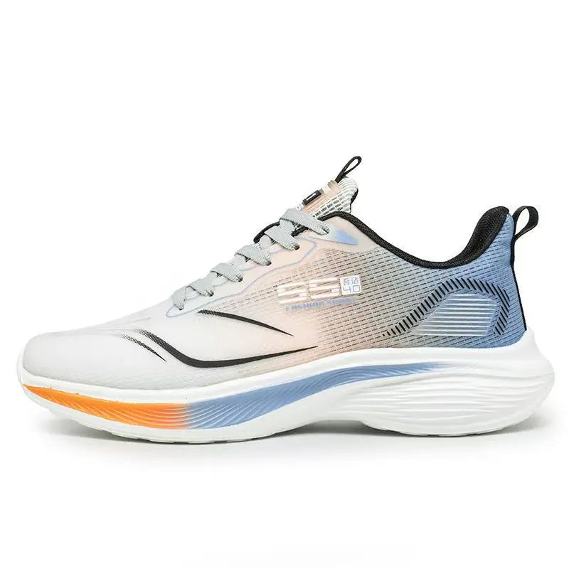 White running shoe with blue and orange sole on a white background