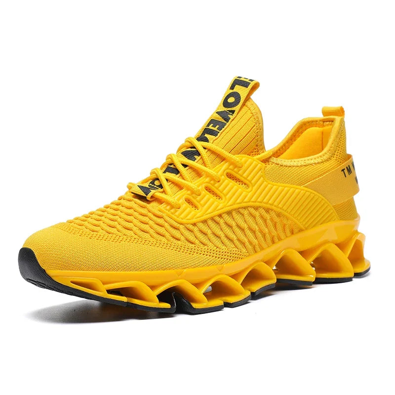 Yellow running shoe with unique sole design on a white background