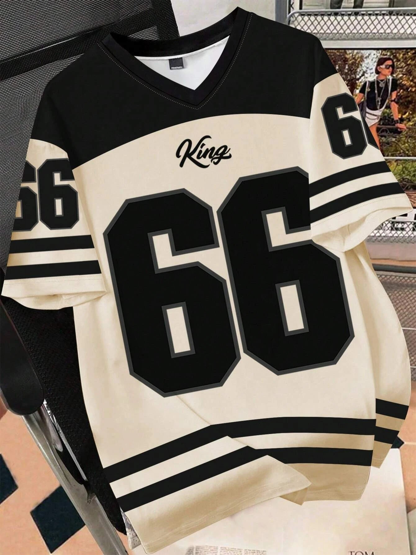Women Clothing No.66 V-neck Football Jersey  - black beige