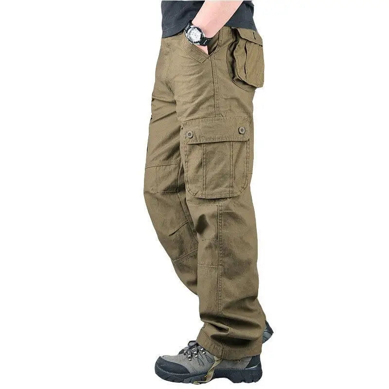 Khaki cargo pants worn by a person on a white background