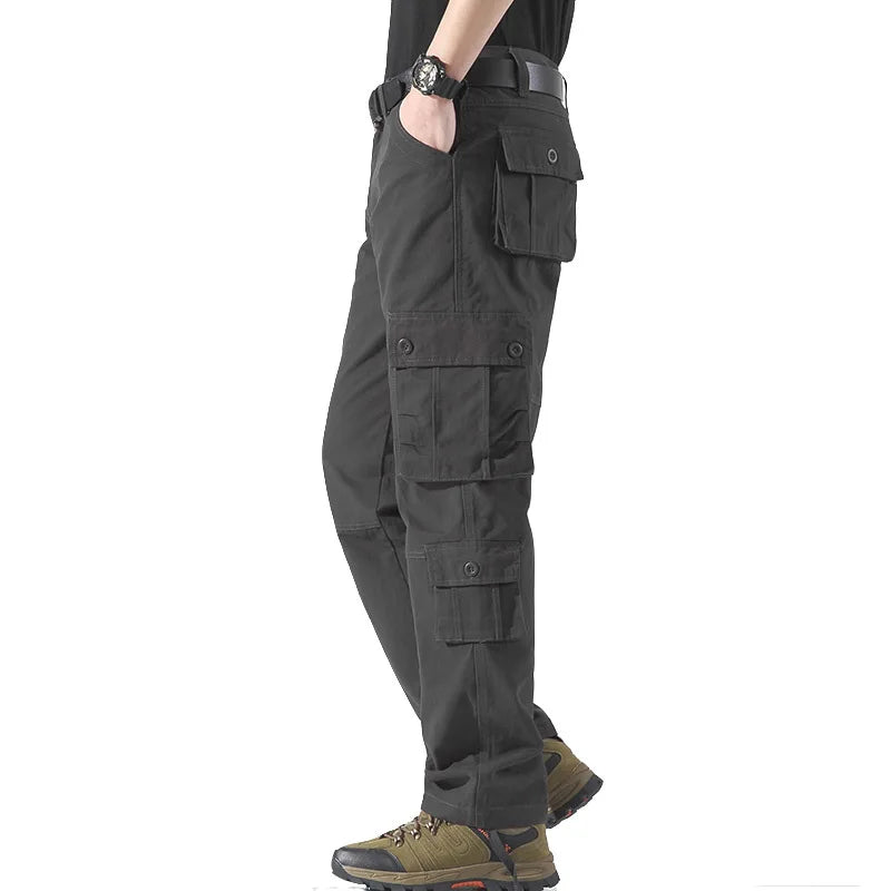 Men's tactical cotton cargo pants with multiple utility pockets, relaxed fit, outdoor hiking work trousers 09