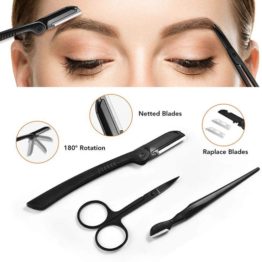 Eyebrow grooming tools with close-up of a woman using them on her eyebrows.