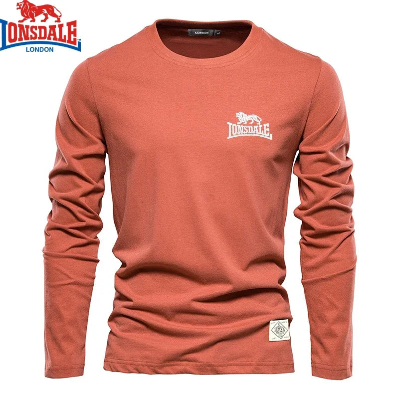 Men’s embroidered LONSDALE 100% cotton long sleeve round neck T-shirt – casual and outdoor sportswear  orange