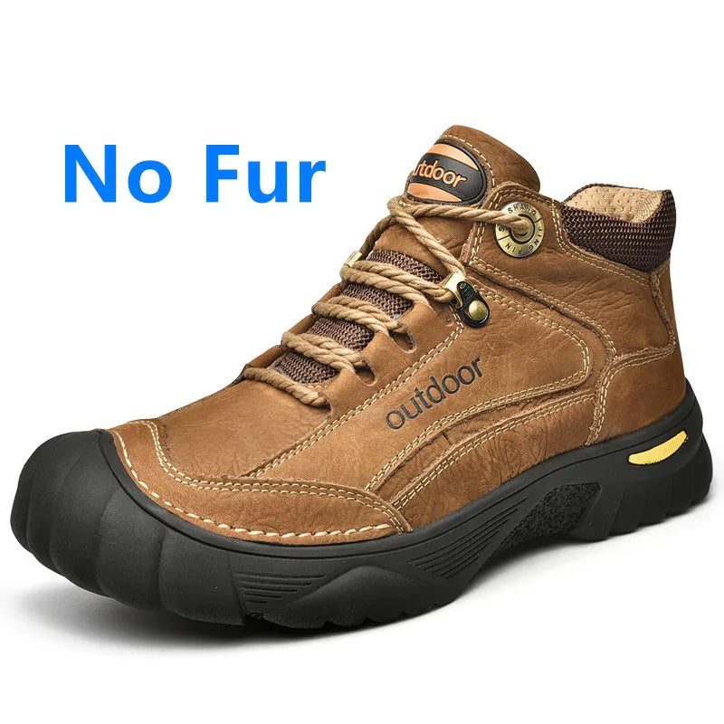 Brown leather boot with 'outdoor' branding on a white background, featuring text 'No Fur'.