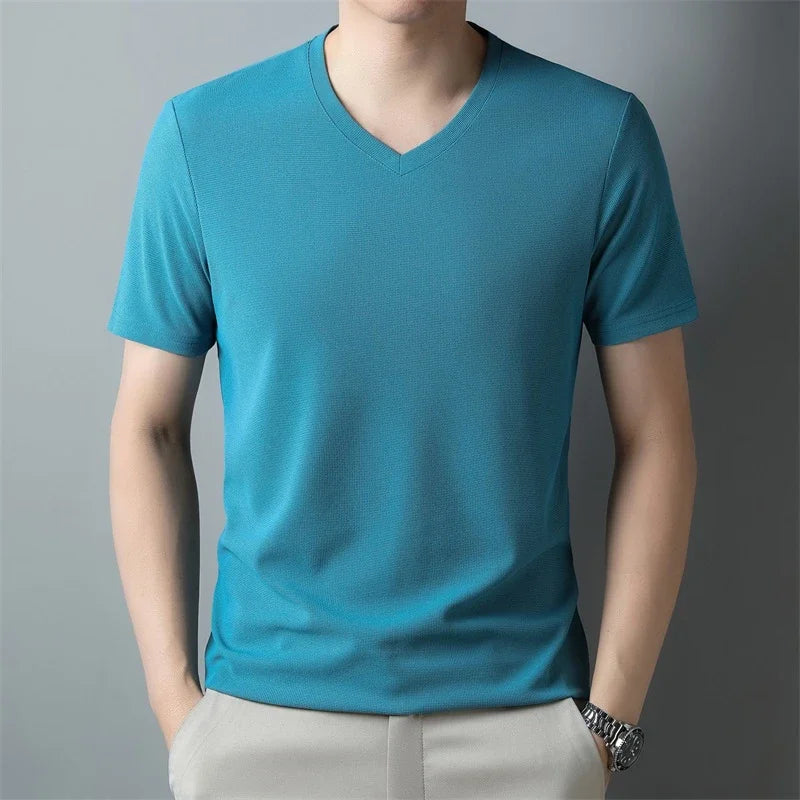2024 men's waffle knit V-neck short sleeve summer t-shirt in solid color-  L blue