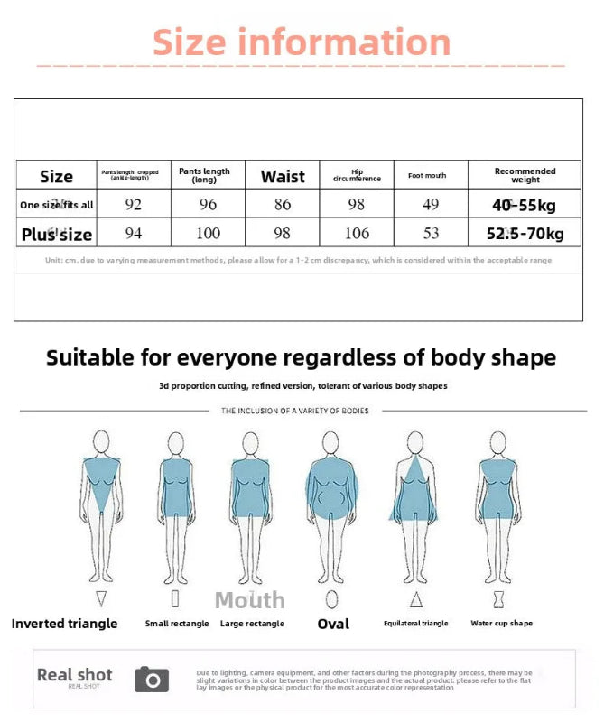 Size chart and fitting guide for clothing with measurements and weight recommendations.